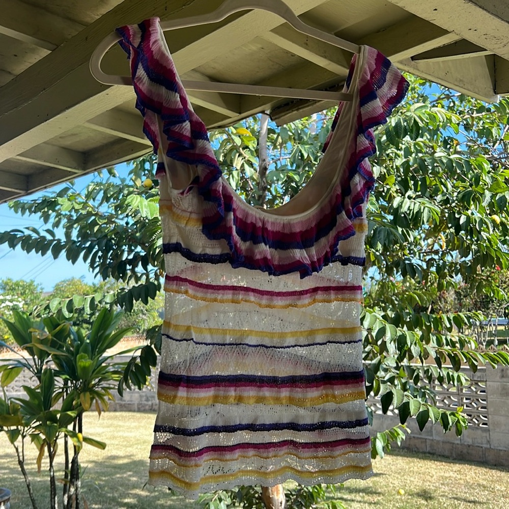 Sheer crochet super fun and feminine La Malie Sezane ruffle top